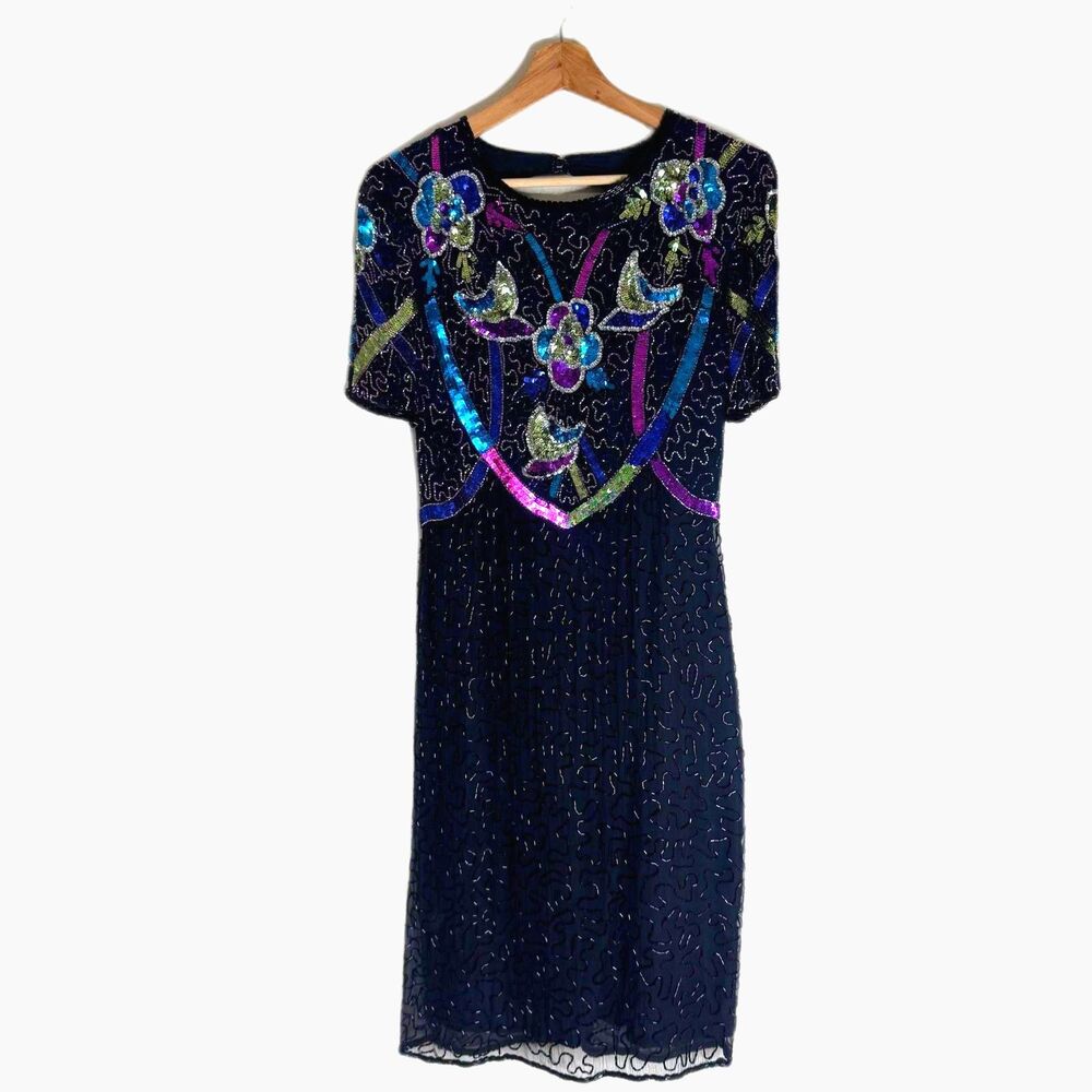 Vintage Swee Lo Dress Womens Small Black Sequin Beaded Cocktail Short Sleeve 90s